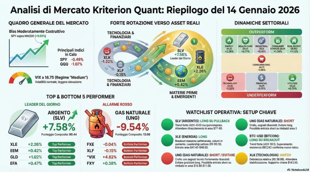 L'analisi di mercato fornita da Kriterion Quant illustra la situazione finanziaria al 14 gennaio 2026