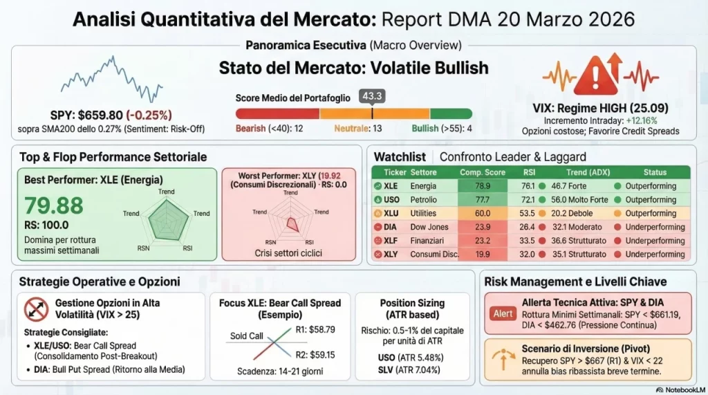 Report DMA del 20 marzo 2026: VIX a 25.09, XLE in breakout con score 79.88/100, SPY debole a 659.80$. Analisi tecnica quantitativa su 29 strumenti, settori, opzioni e watchlist operativa.