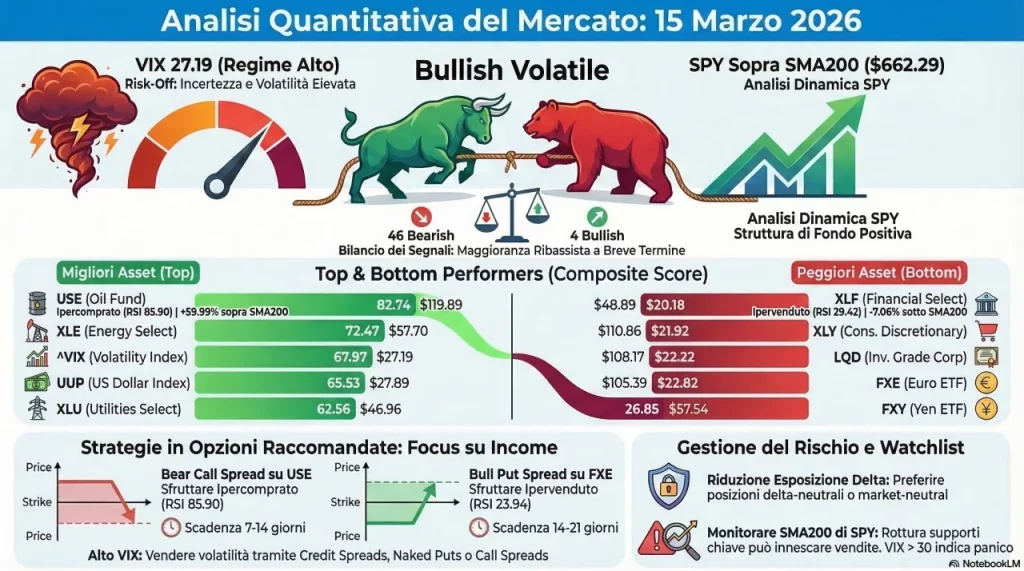 Report quantitativo giornaliero del 14/03/2026: VIX a 27.19 (regime alto), SPY a $662.29 in uptrend ma risk-off. Analisi tecnica di 29 strumenti, rotazione settoriale, options insights e watchlist operativa.