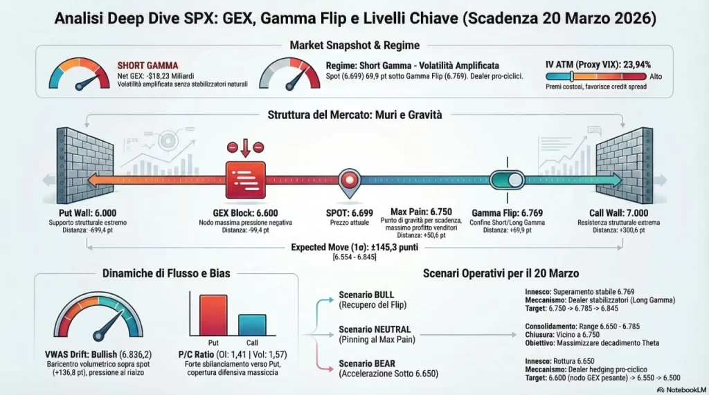 Analisi quantitativa SPX per la scadenza del 20 marzo 2026: regime Short Gamma, Net GEX a -$18.2B, Gamma Flip a 6769, VWAS bullish a 6836 e scenari operativi su opzioni con Bull Put Spread, Bear Put Spread e Iron Condor.